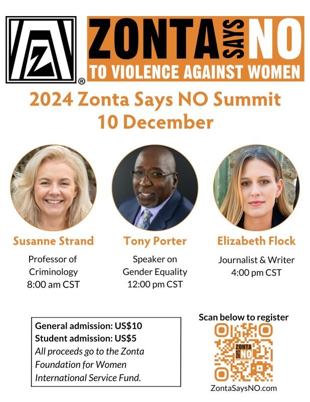 Event poster with Zonta logo and orange header at top, speaker photos in the middle and QR code in the lower right hand corner.