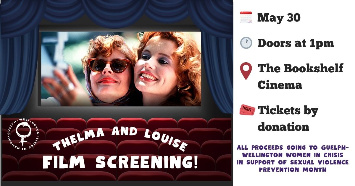 cartoon movie theatre image with scene from Thelma and Louise on screen. White logo and event title across image of theatre seats. Event details on the right on white background.